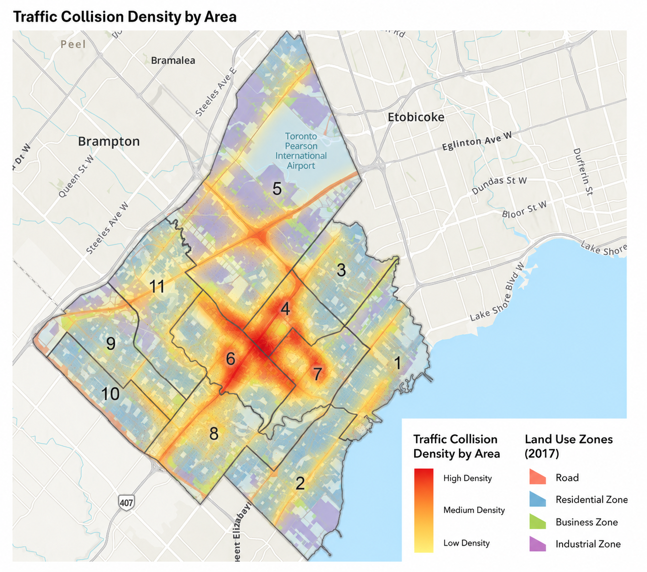 QGIS map showing collision density, ward boundaries, roads, and land-use zones in Mississauga.